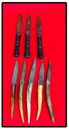 Lot 8 Replica Fur Trade Knives: Lot of eight replica fur trade skinning knives five of which have cast resin handles in imitation of stag horn while the other three have handles of ebony or ebonized wood. The blades have all been ag
