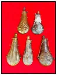 Lot 5 Copper / Brass Powder Flasks (1 of 3)