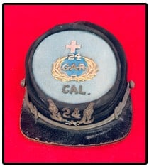 G.A.R. California 24th Volunteer Regiment Kepi: Original Grand Army Of The Republic (G.A.R.) kepi for a member of the California 24th Volunteer Infantry Regiment with eagle side buttons made by The M C Lilley Co of Columbus Ohio. Condition - some w