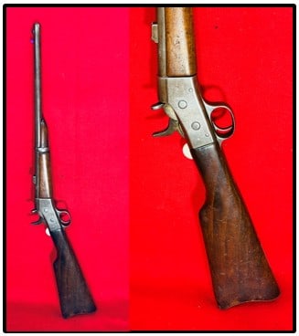 Remington Rolling Block Saddle Ring Carbine: Remington .45 caliber rolling block saddle ring carbine with 20 1/2" barrel. This military firearm is in all original condition and functions as it should. Condition - good.