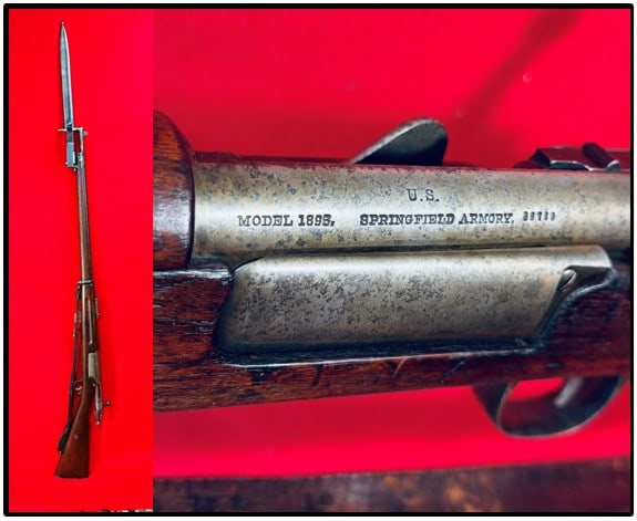 Krag Model 1896 .30-40 Caliber Rifle Etc: Krag model 1896 rifle in caliber .30-.40 with sling and bayonet and having a Springfield cartouche. Rifle is mechanically functioning as it should. Rifle is serial number 98780 and would be rated to b