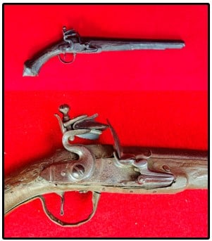 Ottoman Empire Turkish Flintlock Pistol: Ottoman Empire Turkish flintlock pistol with stamped brass and copper covered stock and with a iron lock plate and barrel. Flintlock pistol measures approximately 18 1/2" long and does not function as
