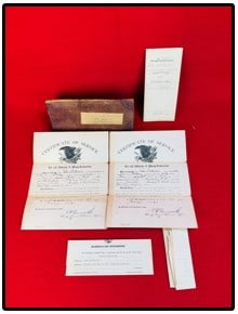 Civil War Papers Of John Wesley Gallentine Etc: Leather billfold containing the Civil War related papers of a John Wesley Gallentine who enlisted February 22nd 1864 and was discharged on the 10th day of June 1865 as a private in the 6th Regiment We