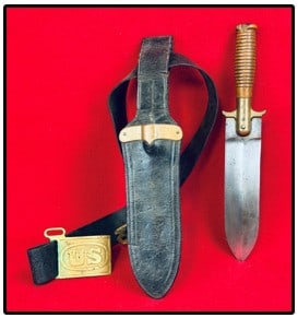 US Springfield M1890 Intrenching Knife & Belt Rig: U.S. Springfield model 1890 Intrenching knife (renamed 1880 hunting knife when used by the military) with what appears to be its original Indian Wars era U.S. leather belt rig with brass belt plate an