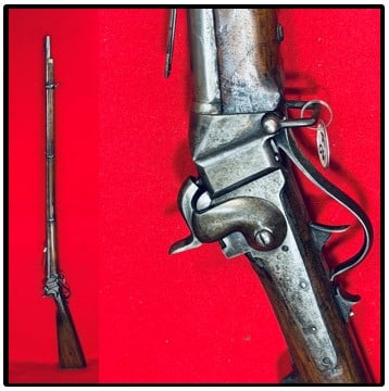 Sharps Slant Breech 3 Band Rifle: Sharps slanting breech three band rifle which measures approximately 56" overall with a 40" barrel and with brass butt plate and for end. Rifle mechanically functions as it should and the overall rati