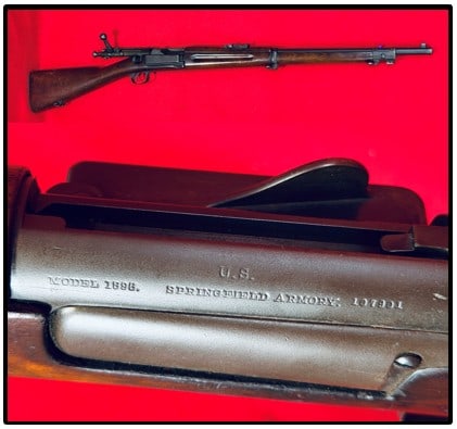 US Springfield Model 1896 30/40 Krag Jorgensen Rifle: U.S. Springfield model 1896 Krag-Jorgensen rifle chambered in 30/40 Krag. This short rifle is serial number 107901 with a 24" barrel. Rifle functions mechanically as it should and would be rated to be