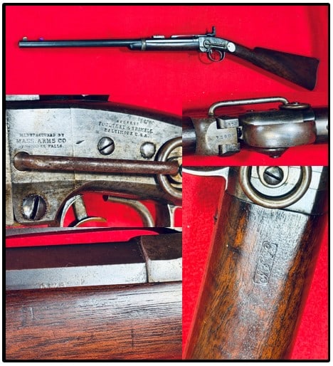 Smith Civil War SR Carbine By Mass. Arms Co: Smith .50 caliber Civil War saddle ring carbine with Poultney & Trimble markings and was manufactured by the Massachusetts Arms Company of Chicopee Falls. Stock has cartouches and carbine has ordinanc