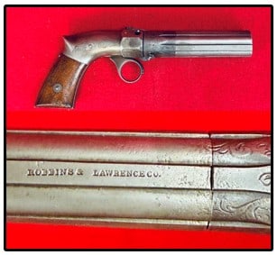Robbins & Lawrence 1849 Patent Pepperbox Pistol: Robbins & Lawrence 1849 patent pepperbox pistol which is serial number 4152 and which measures approximately 9 1/4" in length. The pistol does not function and would be rated to be in fair condition.