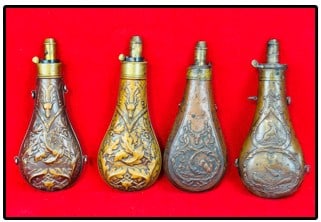 Lot 4 Hunting Them Brass & Copper Powder Flasks (1 of 3)