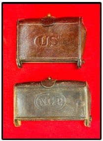 Lot 2 Indian Wars Era Cartridge Pouches: Lot of two Indian Wars Era leather cartridge pouches one of which is marked on interior and on the belt flap as McKeever's Patent Jan 10 1873 J.H. Wilson Philadelphia. This cartridge pouch is marked N