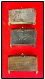 Lot 3 Indian Wars Era Cartridge Boxes: Lot of three Indian Wars Era U.S. cartridge boxes one marked Watervliet Arsenal, one marked Rock Island Arsenal and the third is unmarked as far as maker. All three have intact belt loops and except f