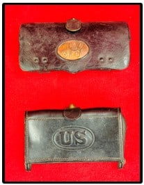Lot 2 Indian Wars Cartridge Boxes Incl Frazier's Patent: Lot of two Indian Wars Era cartridge boxes one of which is marked Frazier's Patent model 1872 with last patent date of 1878 which was manufactured by McKenney & Co New York and which has a brass insig