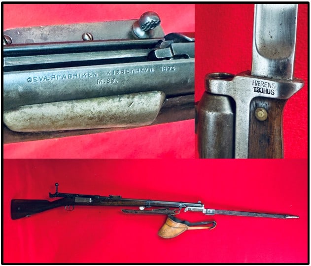 Jorgensen 1889 Danish Craig Artillery Carbine: Jorgensen 1889 Danish Craig Artillery Carbine rifle which is in caliber 8mm and which is serial number F20063 with associated bayonet with scabbard as well as with two leather gun accessories as shown