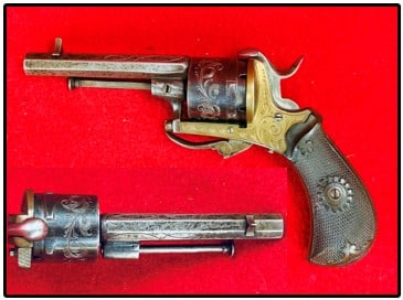 Finely Engraved French Pin Fire Revolver: Finely engraved French pin fire revolver with a 3 1/2" barrel and which measures approximately 7" overall. Revolver functions as it should and would be rated to be in excellent overall condition.