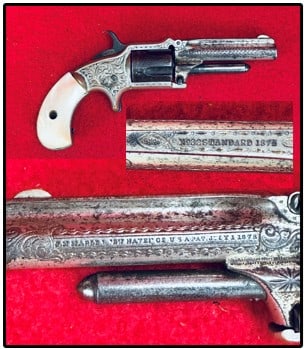 Marlin 1875 XXX .32 Caliber Revolver w N.Y. Style Engraving: Marlin 1875 XXX .32 caliber revolver with nickel finish and original celluloid grips and which is engraved in a New York style. Revolver does not function and would otherwise be considered to be in ve