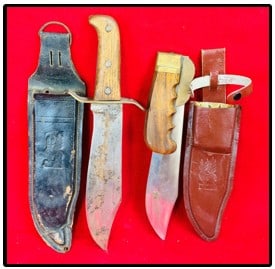 Lot 2 Pakistan Side Knives w Sheaths: Lot of two heavy large Pakistan made side knives with their original leather sheaths. One knife is a folder while the other is a fixed blade specimen with a blade approximately 9" in length. The foldi