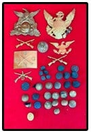 Lot Misc. Military Insignia, Belt Plate Etc: Lot which includes various stamped brass military items which includes a National Guard belt plate, shako plates, along with a number of two piece buttons which date from the Civil War to World War On