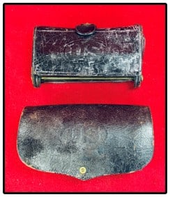 Lot 2 Indian Wars Era Cartridge Pouches: Lot of two Indian Wars Era leather cartridge cases / pouches each with US impressed in leather on front. Both have intact belt loops and closure flaps. Condition - as shown with only some normal use w