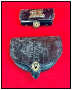 Lot 2 Post Civil War Cartridge Boxes Incl M1874 Dyer: Lot 2 Post Civil War leather cartridge boxes which includes a Military Academy specimen along with a US marked flap Model 1874 Dyer .45-70 caliber specimen which is maker marked but mark is too faint 