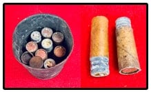 Lot 10 Early Cartridges: Lot of ten early cartridges nine of which are waxed cardboard with a lead Minie ball type projectile and the tenth is a copper self contained cartridge which measures approximately 2 3/8" long all of 