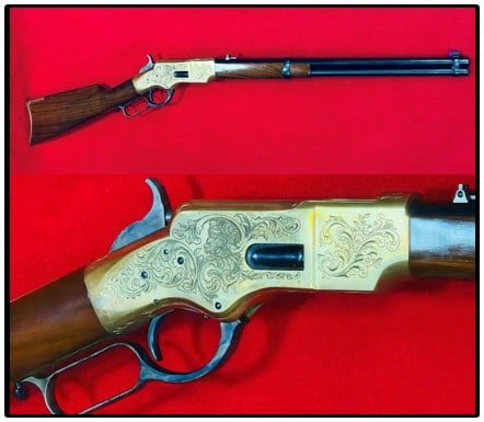 Uberti 1866 Winchester Engraved & Signed Rifle: Uberti model 1866 Winchester rifle which is beautifully engraved and signed and is in .45 Colt caliber. This lever action rifle is serial number W70820 and functions as it should and is in overall exc