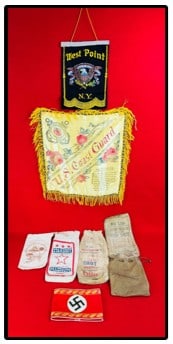 Lot Cloth Military & Firearm Related Items: Lot of cloth military and firearm related items which includes a felt West Point small banner, a replica NSDAP (National Socialist German Workers Party) department leader armband, a silk United States