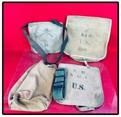 Lot 3 Spanish American War Era Haversacks Etc: Lot of three US Spanish American War era haversacks each of which is unit marked on front as shown and one of which retains its original leather carry strap. Also included is a 20th century made in Ta