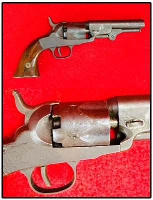 Bacon Civil War Revolver w Fluted Cylinder: Bacon Civil War (1860-1863) revolver with a fluted cylinder and is serial number 335. Revolver does not function mechanically and would be rated to be in good condition.