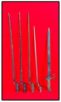Lot 5 Antique Bayonets: Lot of five various antique bayonets. Condition - as shown with some wear and surface oxidation.