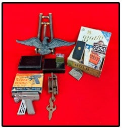 Lot Misc: Lot of assorted items which include a Standard Oil Co WW2 2oz gun oil and lubricant can, wooden small easel, hunting licenses, incomplete Super Nu-Matic cap gun with partial box, German silver topped