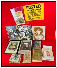 Lot Ephemera Incl E T Paul Sheet Music, Books Etc: Lot of ephemera which includes two framed pieces of sheet music with colorful covers by E. T. Paul, a interesting scrap book with circa Civil War era clippings, a No Trespassing Tin sign, various book