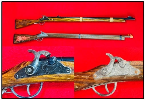 Lot 2 1776 Freedom Rifles: Lot of two 1776 Freedom Rifles Made By Parris of Savannah TN. These measure approximately 37" long . Condition - both function as they should but one has rust on barrel and the white meta on lock