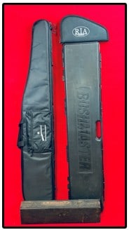 Lot Gun Related Cases: Lot of gun related cases which includes two for rifles, a smaller one for a pistol and a old case the purpose of which I am not sure which has lost its leather handle. Condition - aside from the loss