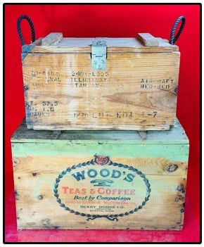 Lot 2 Wooden Advertising Boxes: Lot of two wooden advertising boxes including one for fireworks and the other is for Wood's Teas and Coffees. Condition - is as shown with some wear and soil.