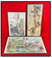 Lot 3 War Themed Framed Chromolithographs: Lot of three framed chromolithographs of war related subjects which include a 1915 print of an Italian Battalion in action, a 1898 print titled "Defense Of Camp McCalla (some stain) and finally a fram