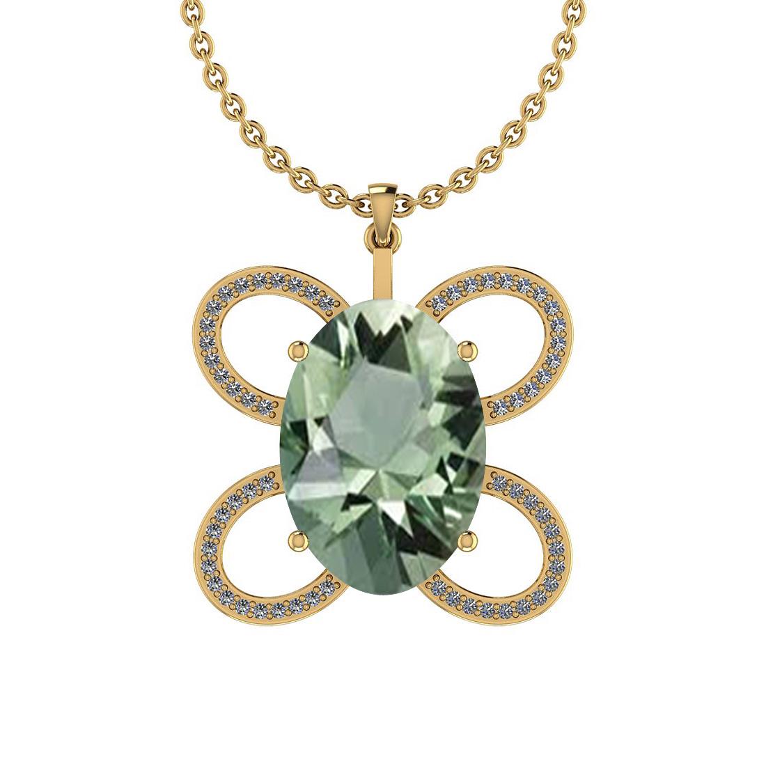 Certified 13.72 Ct Green Amethyst and Diamond I1/I2 10K: Certified 13.72 Ct Green Amethyst and Diamond I1/I2 10K Yellow Gold Pendant **|**|** Color Stone Approx Weight: 13.36 Ctw (1 pcs Oval Cut) Center Stone Color: Green Amethyst Center Stone Setting: Pron