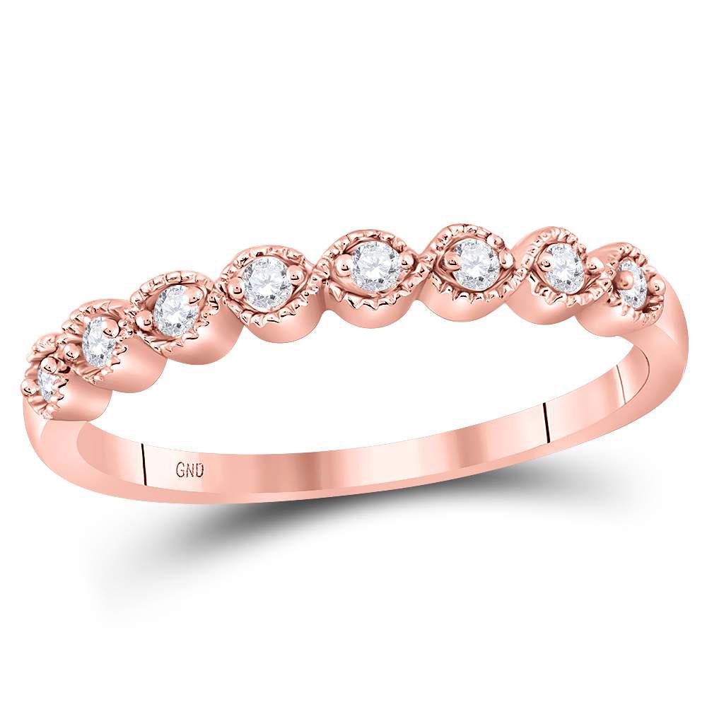 10kt Rose Gold Womens Round Diamond Stackable Band Ring: 10kt Rose Gold Womens Round Diamond Stackable Band Ring 1/10 Cttw **|**|** Metal Type: 10kt Rose Gold ; Item Number: 113318 ; Style: Stackable ; Ring Size: 7 ; Carats Total Weight *: 1/10 Ct.t.w. ; Pr