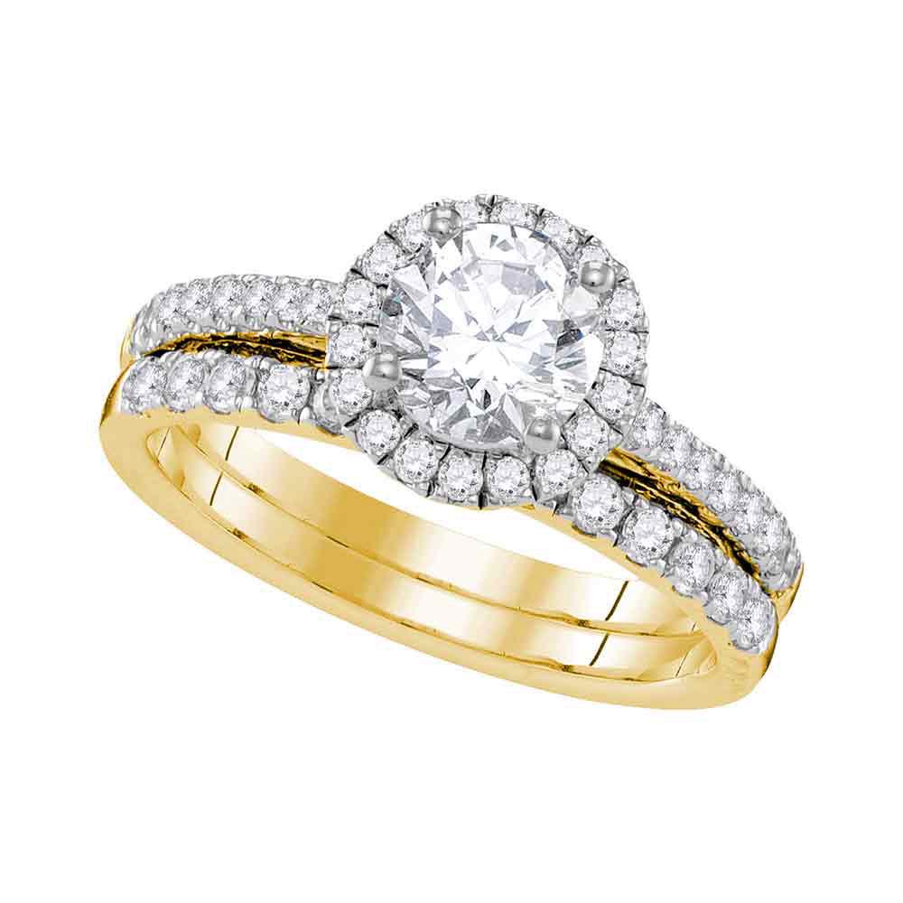 14kt Yellow Gold Round Diamond Halo Bridal Wedding Ring: 14kt Yellow Gold Round Diamond Halo Bridal Wedding Ring Band Set 1-1/3 Cttw **|**|** Metal Type: 14kt Yellow Gold ; Item Number: 109838 ; Style: Solitaires ; Ring Size: Ring size selectable ; Carats T