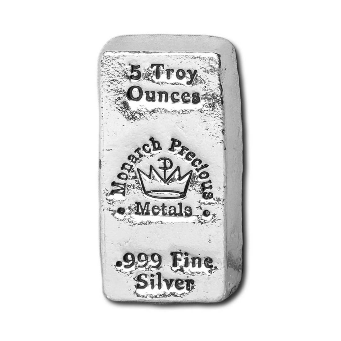 5 oz .999 Fine Silver Bar - Monarch Poured: 5 oz .999 Fine Silver Bar - Monarch Poured **|**|** Poured 5 troy ounce silver bar. Hand stamped '5 Troy Ounces, Monarch Precious Metals, .999 Fine Silver' and features the signature MPM crown logo. #