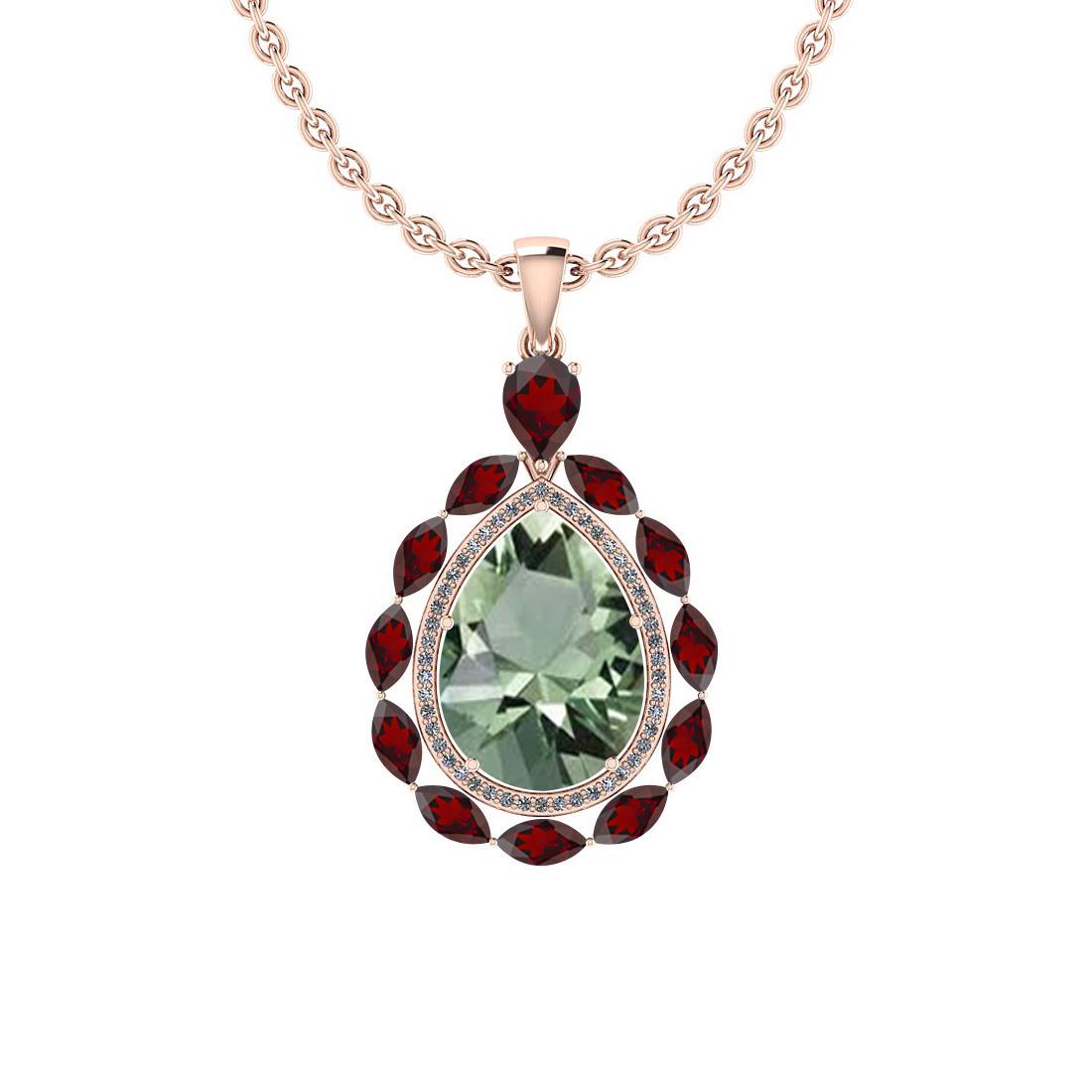 17.35 Ctw SI2/I1 Green Amethyst ,Garnet And Diamond 14K: 17.35 Ctw SI2/I1 Green Amethyst ,Garnet And Diamond 14K Rose Gold Victorian Style Pendant -- Center Stone Weight : 13.86 Ctw ( Pear Cut ) Center Stone Color :-Green Amethyst Side Stone Weight : 3.25 C