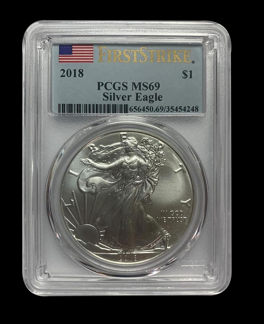 Certified Uncirculated Silver Eagle 2018 MS69 PCGS Firs: Certified Uncirculated Silver Eagle 2018 MS69 PCGS First Strike -- Certified Uncirculated Silver Eagle 2018 MS69 PCGS First Strike #TSD84700