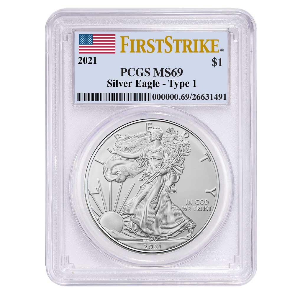 Certified Uncirculated Silver Eagle 2021 MS69 PCGS Firs: Certified Uncirculated Silver Eagle 2021 MS69 PCGS First Strike -- Certified Uncirculated Silver Eagle 2021 MS69 PCGS First Strike #TSD33285