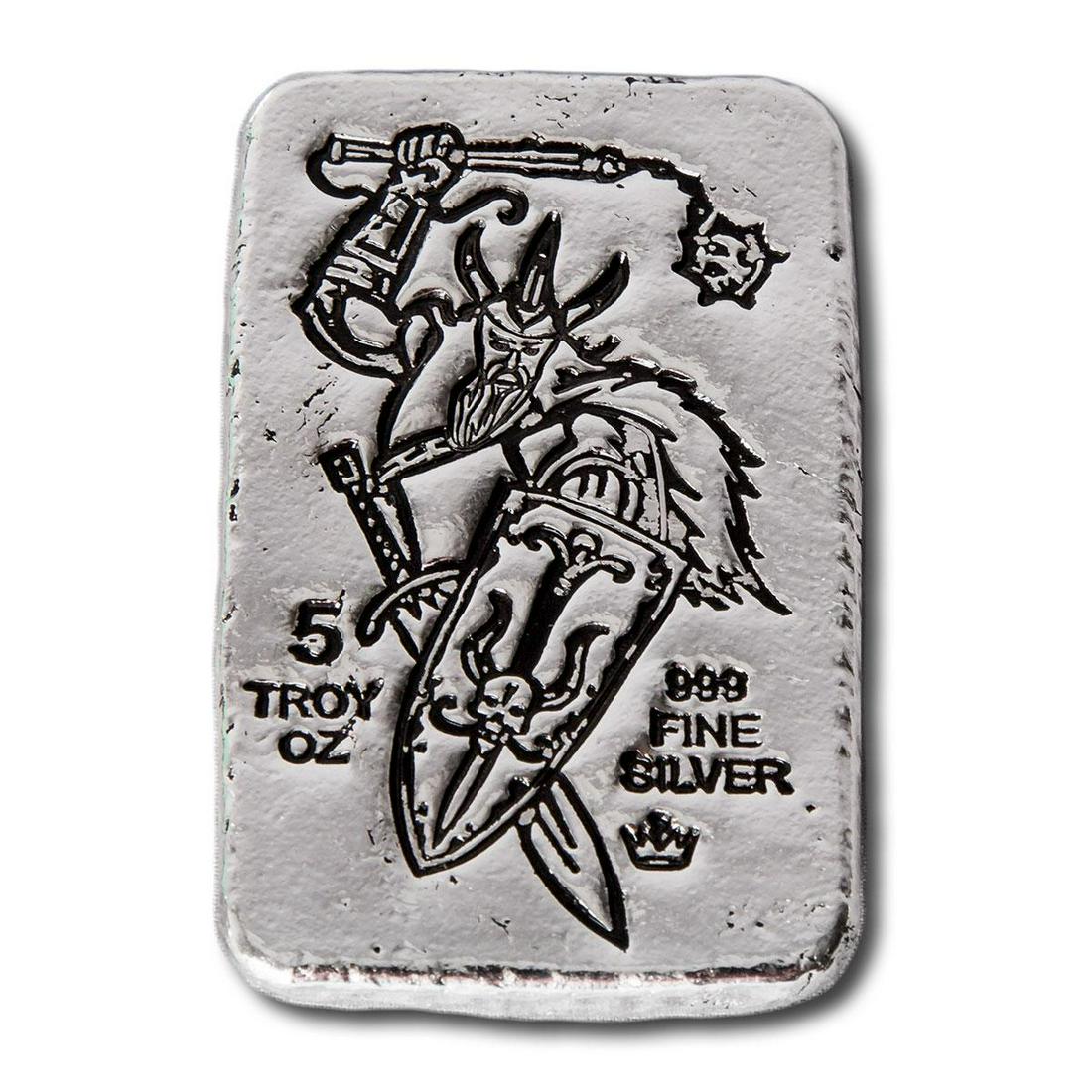 5 oz .999 Fine Silver Bar - Monarch Viking Warrior with: 5 oz .999 Fine Silver Bar - Monarch Viking Warrior with Flail and Shield -- Poured 5 troy ounce .999 fine silver bar from Monarch Precious Metals. Hand stamped '5 Troy Ounces .999 Fine Silver' with th