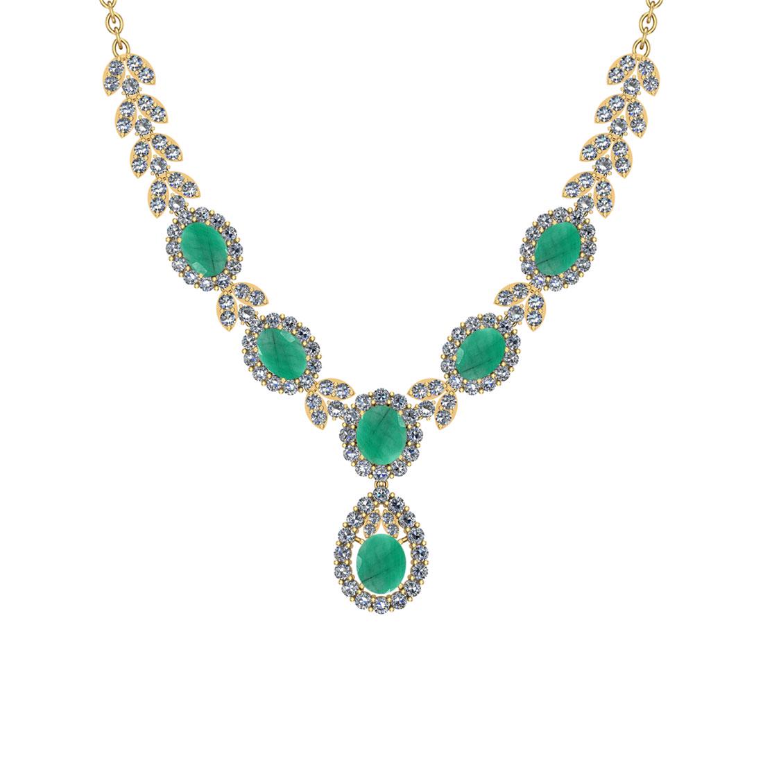 32.40 Ctw VS/SI1 Emerald And Diamond 14K Yellow Gold Ne: 32.40 Ctw VS/SI1 Emerald And Diamond 14K Yellow Gold Necklace -- Color Stone Weight : 22.00 Ctw (Oval Cut ) Center Stone Color : Emerald Center Stone Setting : Prong Side Stone Weight Of Ctw 10.40 Ctw