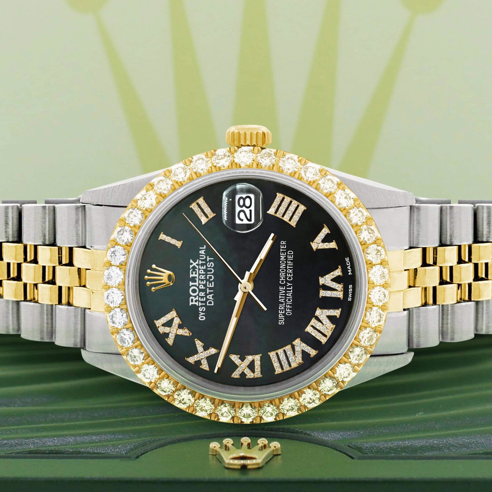 CUSTOM 36MM ROLEX OYSTERPERPETUAL DATEJUST DIAMOND BEZE: CUSTOM 36MM ROLEX OYSTERPERPETUAL DATEJUST DIAMOND BEZEL AND ROMAN NUMERALS ON JUBILEE BRACELET COMES WITH BOX AND PAPERS -- CUSTOM 36MM ROLEX OYSTERPERPETUAL DATEJUST DIAMOND BEZEL AND ROMAN NUMERALS