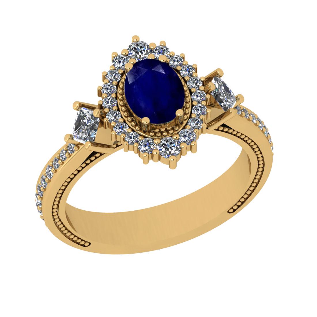 1.55 Ctw VS/SI1 Blue Sapphire And Diamond 14K Yellow Go: 1.55 Ctw VS/SI1 Blue Sapphire And Diamond 14K Yellow Gold Vintage Style Ring -- Center Stone Weight : 0.75 Ctw ( Oval Cut ) Center Stone Color : Blue Sapphire Stone Setting : Prong Side Diamond Weight