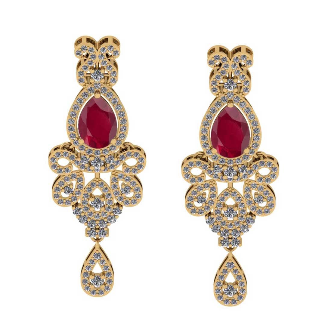 5.65 CtwVS/SI1 Ruby And Diamond 14K Yellow Gold Danglin: 5.65 CtwVS/SI1 Ruby And Diamond 14K Yellow Gold Dangling Earrings( ALL DIAMOND ARE LAB GROWN ) -- Center Stone Weight : 4.00 Ctw ( Pear Cut ) Center Stone Color : Ruby Stone Setting : Prong Side Diamo