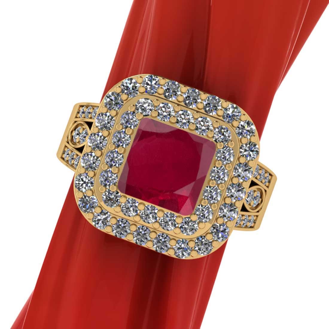 3.20 CtwVS/SI1 Ruby and Diamond14K Yellow Gold Engageme: 3.20 CtwVS/SI1 Ruby and Diamond14K Yellow Gold Engagement Ring (ALL DIAMOND ARE LAB GROWN) -- Color Stone Weight : 2.00 Ctw ( Princess Cut) Stone Color :- Ruby Center Stone Setting : Prong Total Weigh