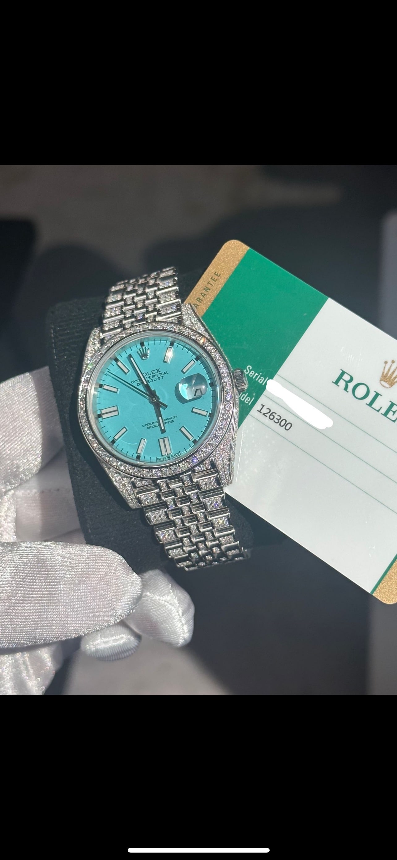 CUSTOM ROLEX DATEJUST REF: 126300 'TIFFANY ROLEX' 41MM: CUSTOM ROLEX DATEJUST REF: 126300 'TIFFANY ROLEX' 41MM FULL DIAMOND WATCH (G-H, SI1-SI2) COMES WITH BOX, PAPERS, & APPRAISAL -- CUSTOM ROLEX DATEJUST REF: 126300 'TIFFANY ROLEX' 41MM FULL DIAMOND WATC