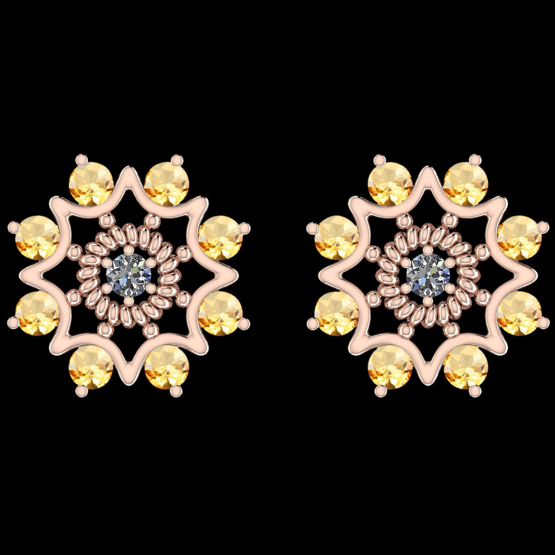 0.63 Ctw I2/I3 Citrine And Diamond 14K Rose Gold Stud E: 0.63 Ctw I2/I3 Citrine And Diamond 14K Rose Gold Stud Earrings -- Center Stone Weight : 0.07 Ctw (2psc Round) Center Stone Color : J-K Center Stone Setting : Prong Center Stone Clarity : I2/I3 Side St